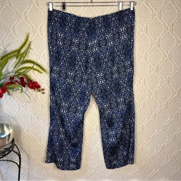 NWT CALVIN KLEIN | Blue Geometric Print Drawstring Satin Straight Leg Pants - Picture 2 of 8
